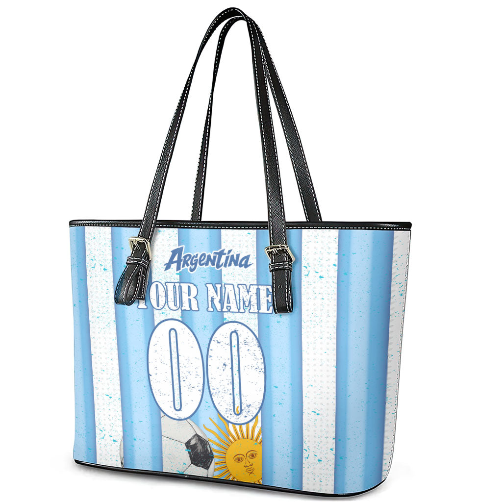 Personalized Argentina Football Fan Leather Tote Bag Sun Of May - Albiceleste Stripes Argentina Flag