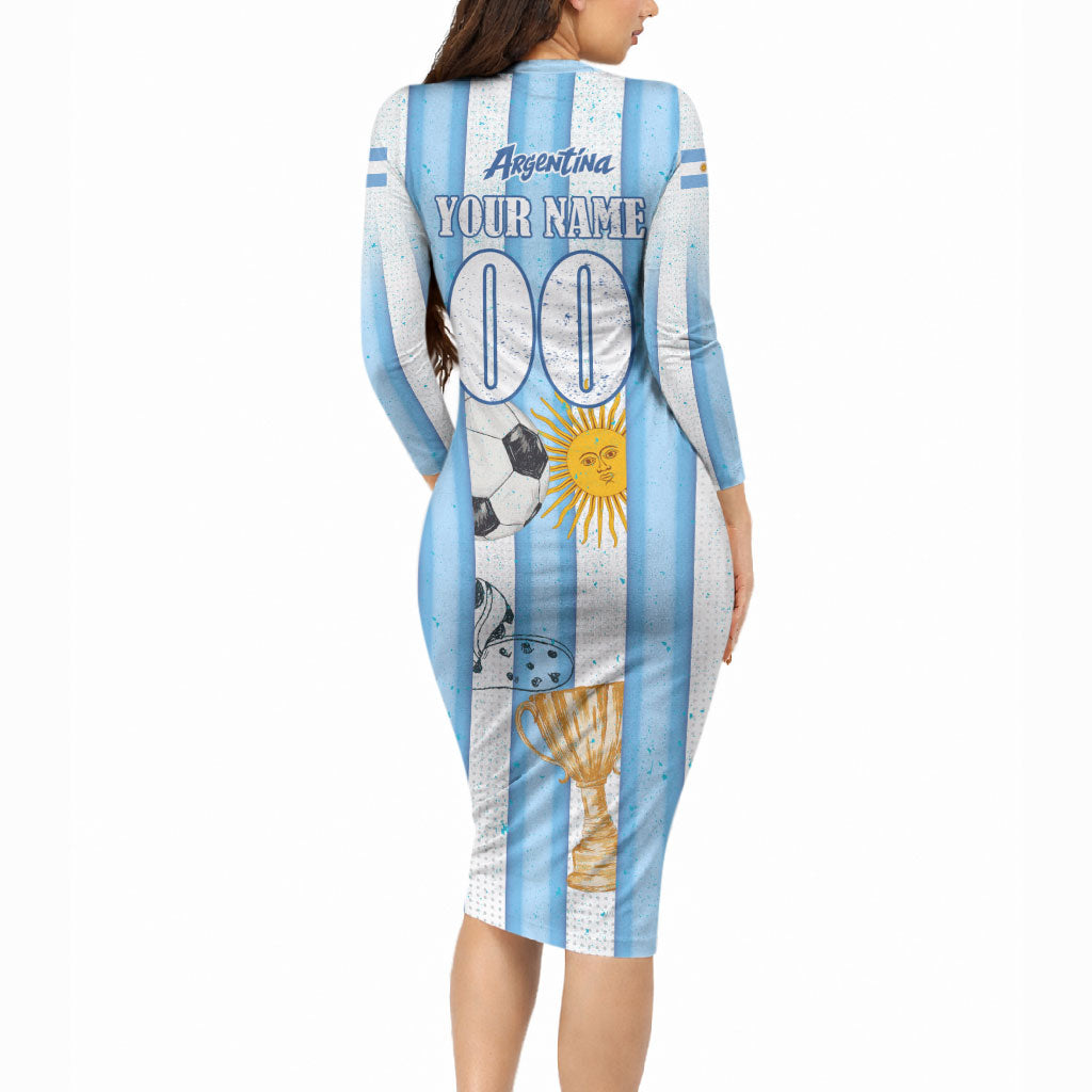 Personalized Argentina Football Fan Long Sleeve Bodycon Dress Sun Of May - Albiceleste Stripes Argentina Flag