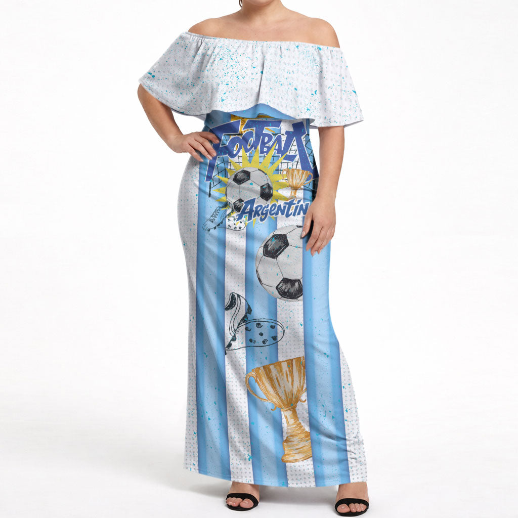 Personalized Argentina Football Fan Off Shoulder Maxi Dress Sun Of May - Albiceleste Stripes Argentina Flag