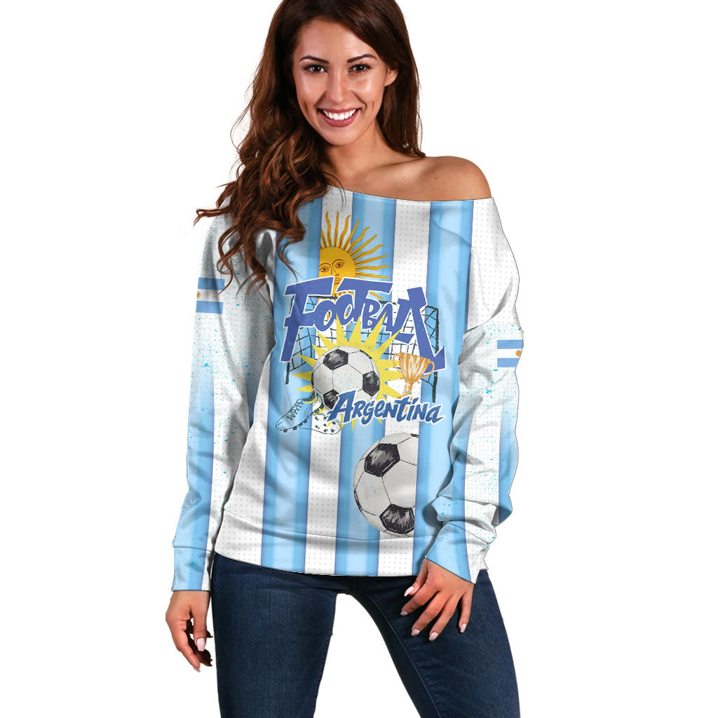 Personalized Argentina Football Fan Off Shoulder Sweater Sun Of May - Albiceleste Stripes Argentina Flag