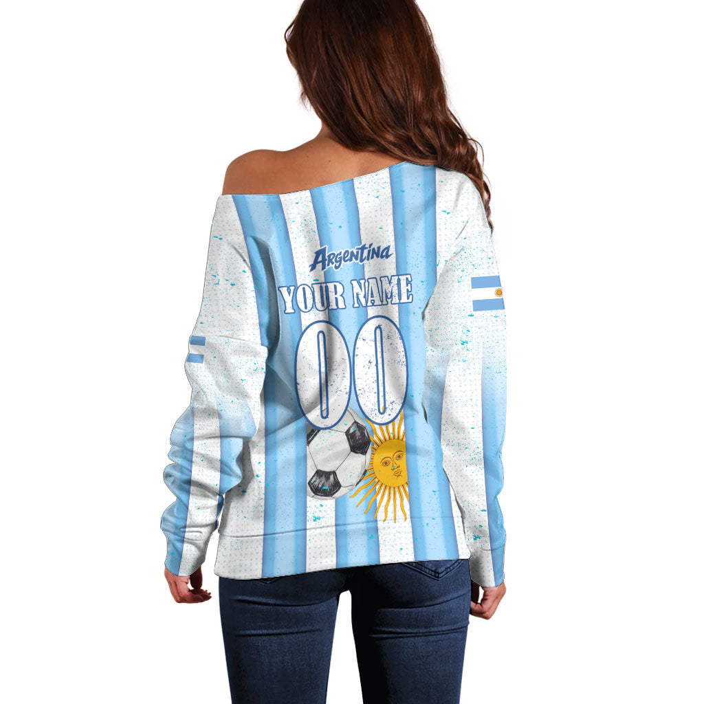 Personalized Argentina Football Fan Off Shoulder Sweater Sun Of May - Albiceleste Stripes Argentina Flag