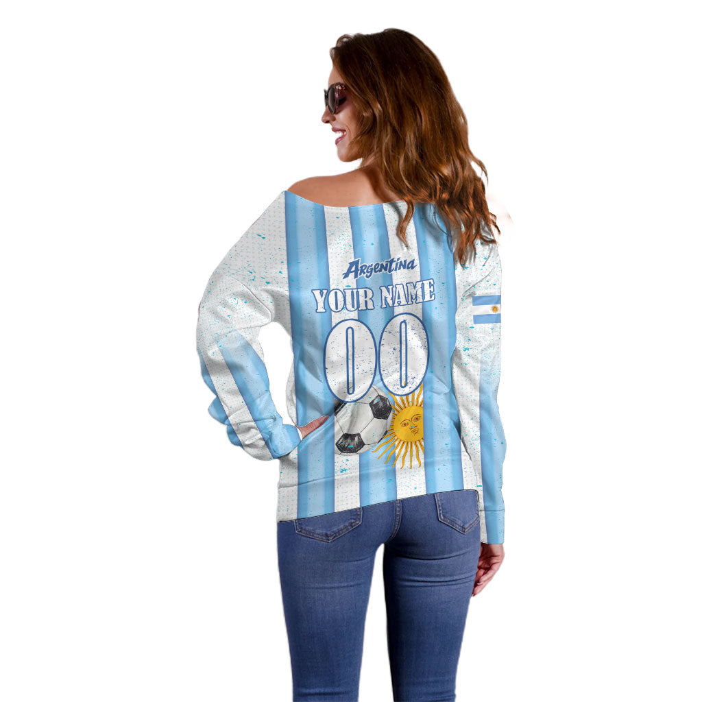 Personalized Argentina Football Fan Off Shoulder Sweater Sun Of May - Albiceleste Stripes Argentina Flag