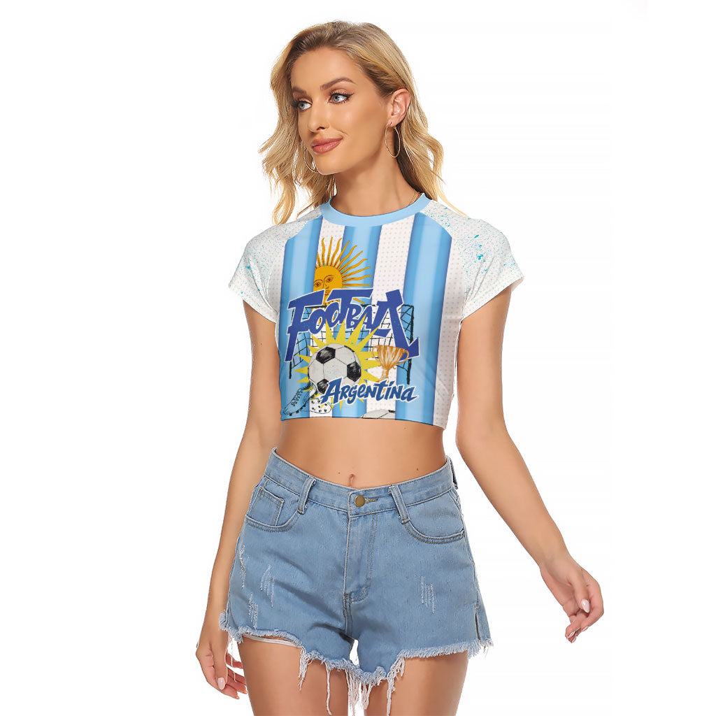 Personalized Argentina Football Fan Raglan Cropped T Shirt Sun Of May - Albiceleste Stripes Argentina Flag