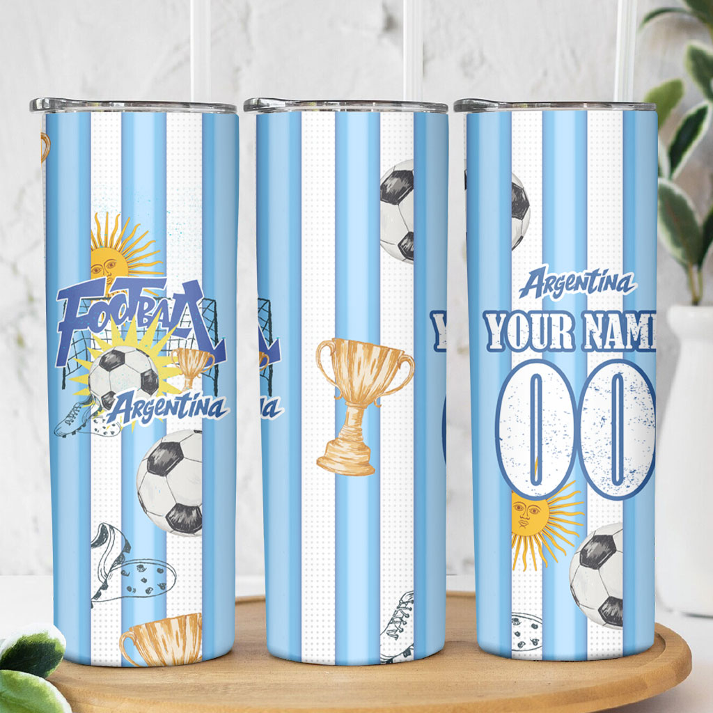 Personalized Argentina Football Fan Skinny Tumbler Sun Of May - Albiceleste Stripes Argentina Flag