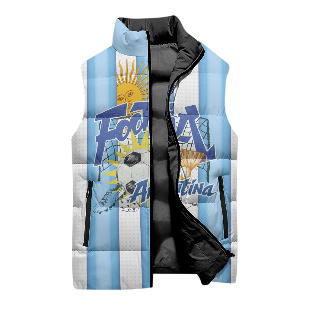 Personalized Argentina Football Fan Sleeveless Puffer Jacket Sun Of May - Albiceleste Stripes Argentina Flag