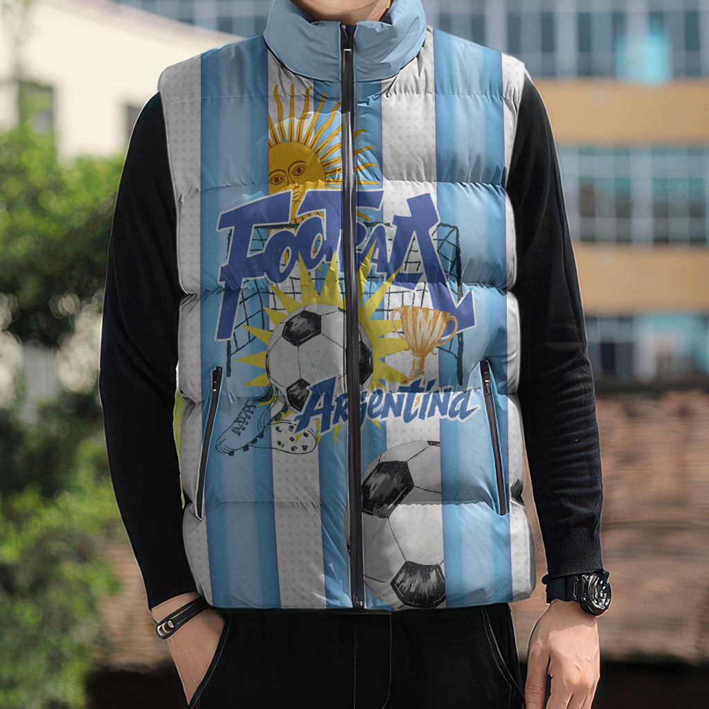 Personalized Argentina Football Fan Sleeveless Puffer Jacket Sun Of May - Albiceleste Stripes Argentina Flag