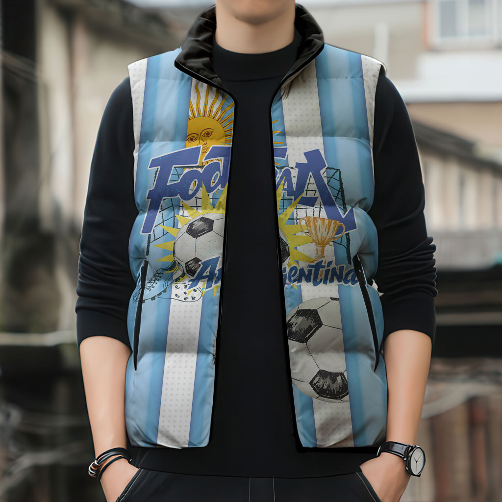 Personalized Argentina Football Fan Sleeveless Puffer Jacket Sun Of May - Albiceleste Stripes Argentina Flag