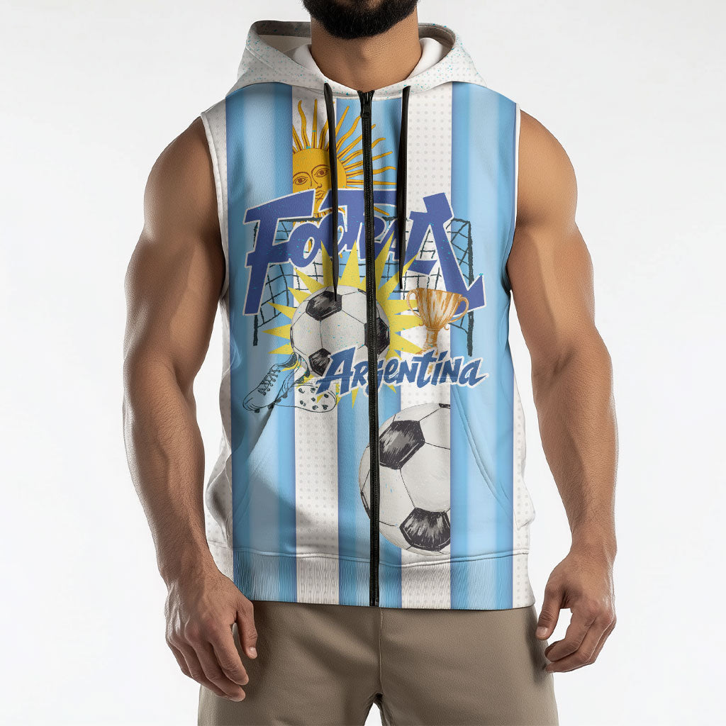 Personalized Argentina Football Fan Sleeveless Zip Hoodie Sun Of May - Albiceleste Stripes Argentina Flag