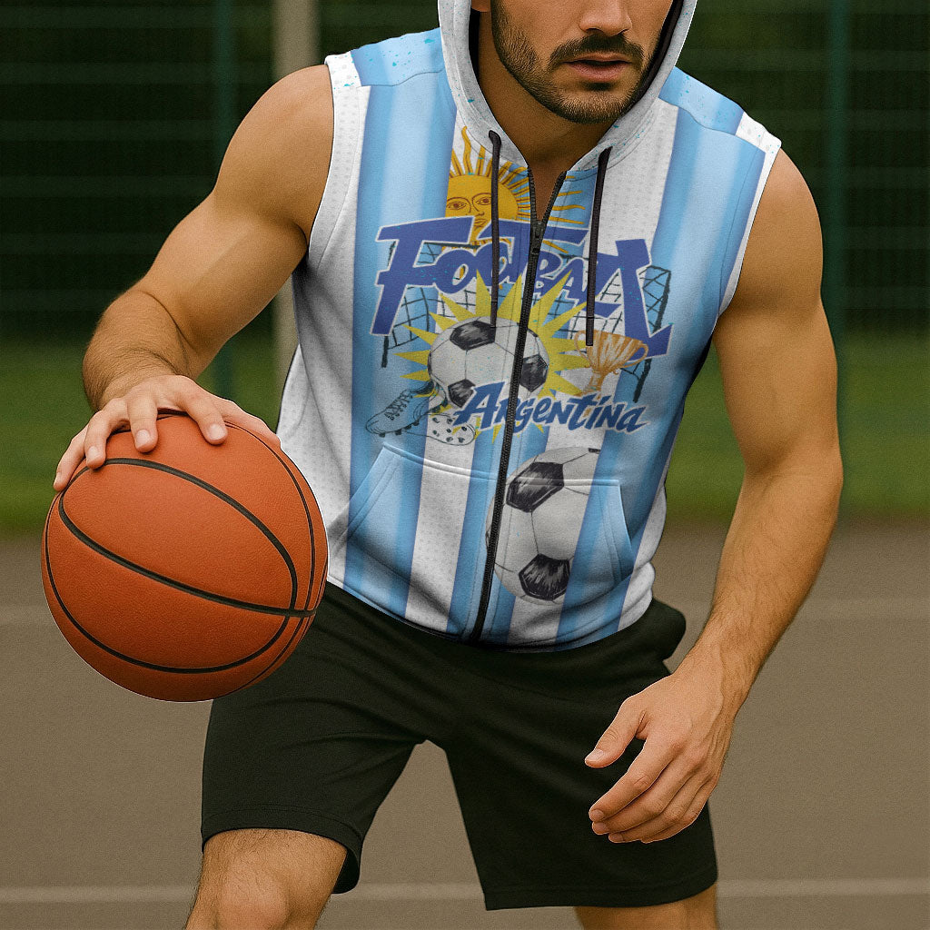 Personalized Argentina Football Fan Sleeveless Zip Hoodie Sun Of May - Albiceleste Stripes Argentina Flag
