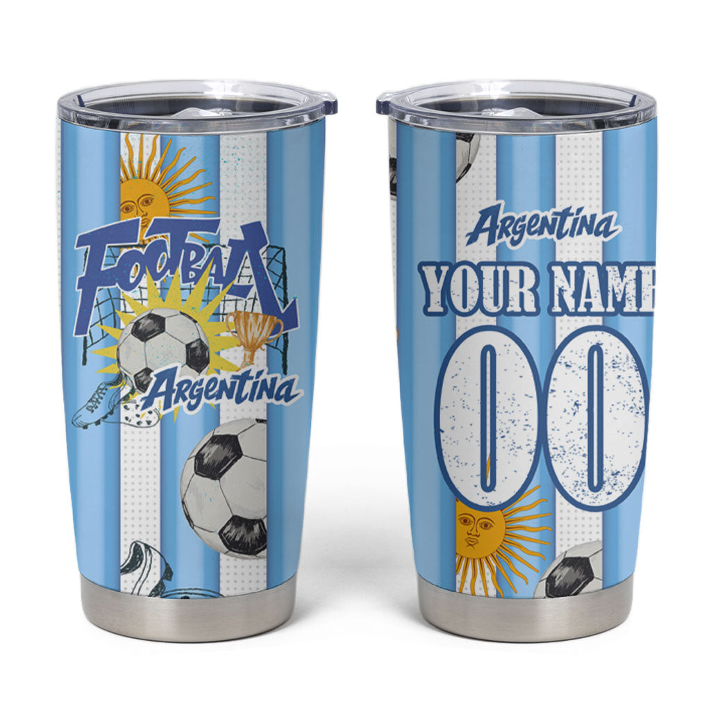 Personalized Argentina Football Fan Tumbler Cup Sun Of May - Albiceleste Stripes Argentina Flag