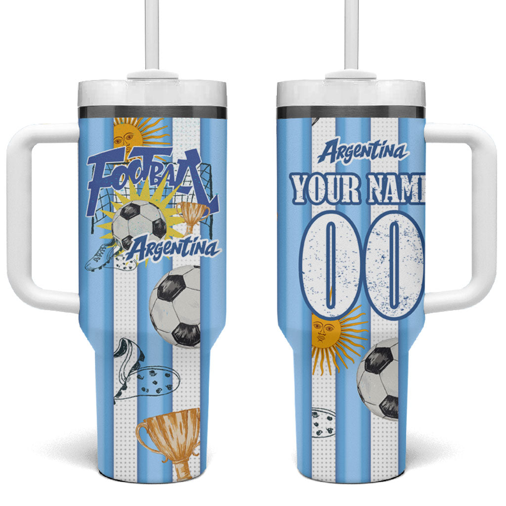 Personalized Argentina Football Fan Tumbler With Handle Sun Of May - Albiceleste Stripes Argentina Flag