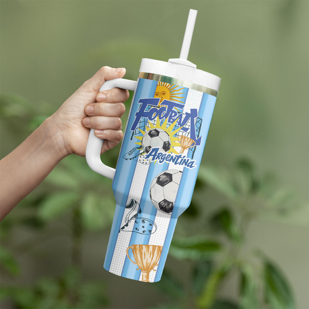 Personalized Argentina Football Fan Tumbler With Handle Sun Of May - Albiceleste Stripes Argentina Flag