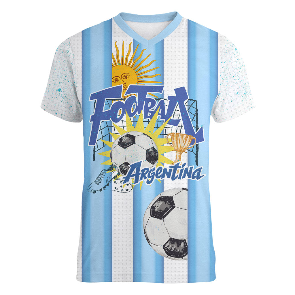 Personalized Argentina Football Fan Women V-Neck T-Shirt Sun Of May - Albiceleste Stripes Argentina Flag