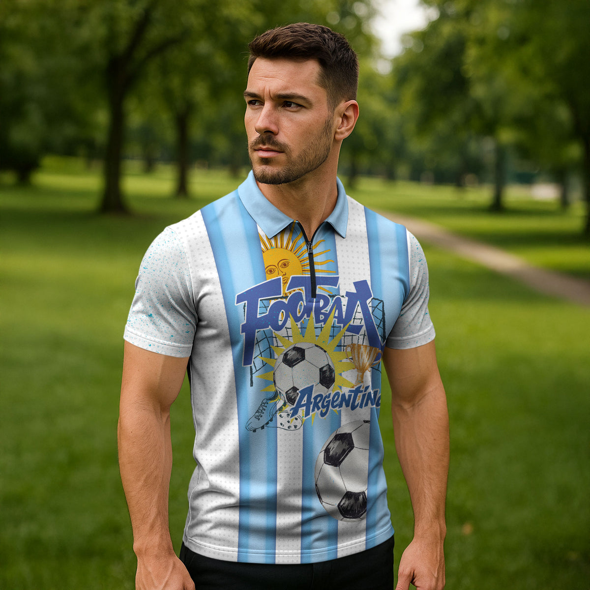 Personalized Argentina Football Fan Zipper Polo Shirt Sun Of May - Albiceleste Stripes Argentina Flag