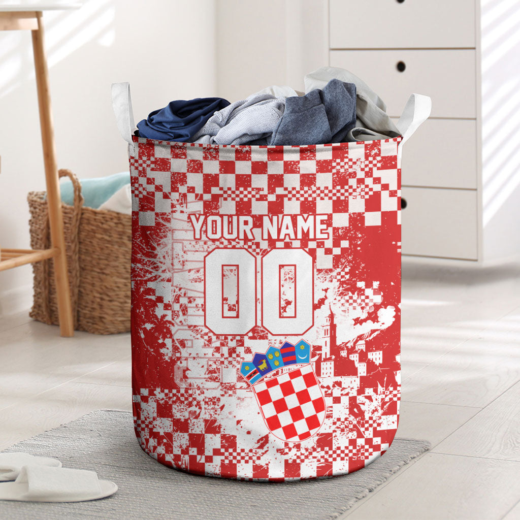 Personalized Croatia Football Wolf Mascot Laundry Basket Checkerboard Soccer Pride - Splatter Textures