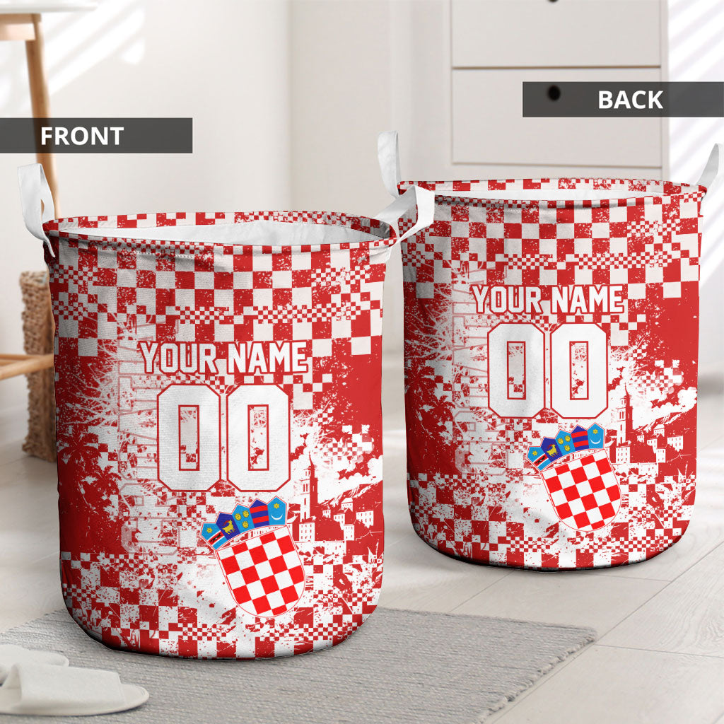Personalized Croatia Football Wolf Mascot Laundry Basket Checkerboard Soccer Pride - Splatter Textures