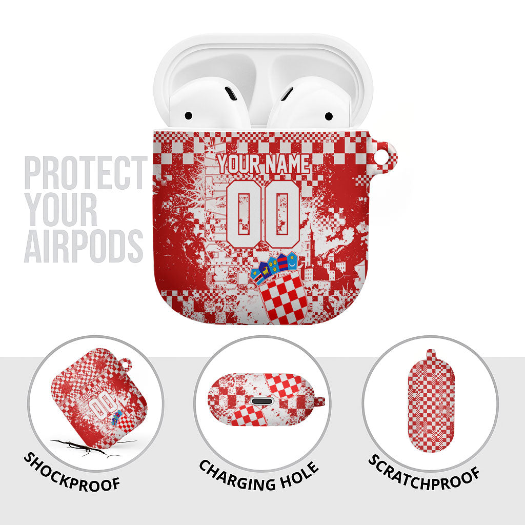Personalized Croatia Football Wolf Mascot AirPods Case Checkerboard Soccer Pride - Splatter Textures