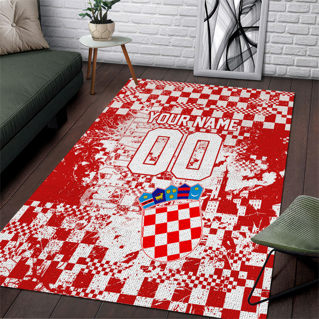 Personalized Croatia Football Wolf Mascot Area Rug Checkerboard Soccer Pride - Splatter Textures