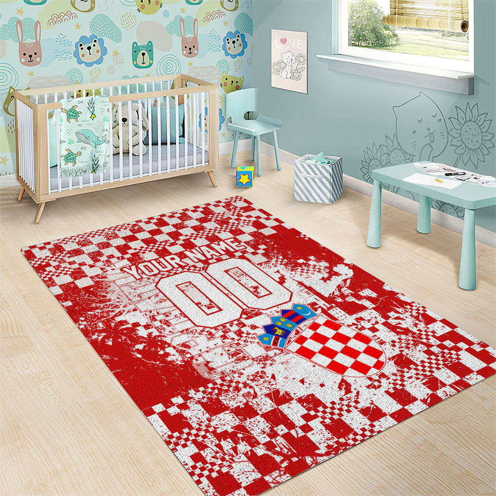Personalized Croatia Football Wolf Mascot Area Rug Checkerboard Soccer Pride - Splatter Textures