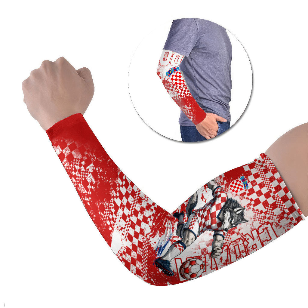 Personalized Croatia Football Wolf Mascot Arm Sleeves Checkerboard Soccer Pride - Splatter Textures