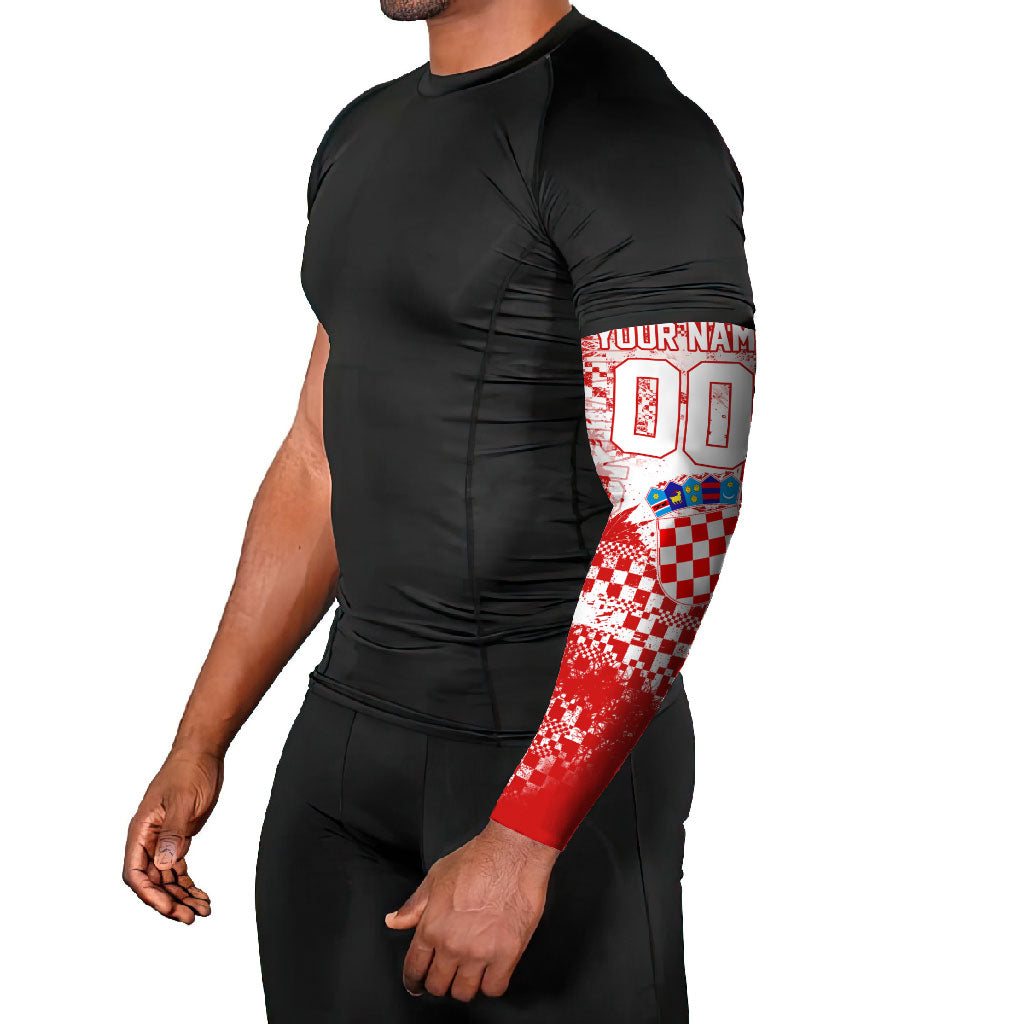 Personalized Croatia Football Wolf Mascot Arm Sleeves Checkerboard Soccer Pride - Splatter Textures