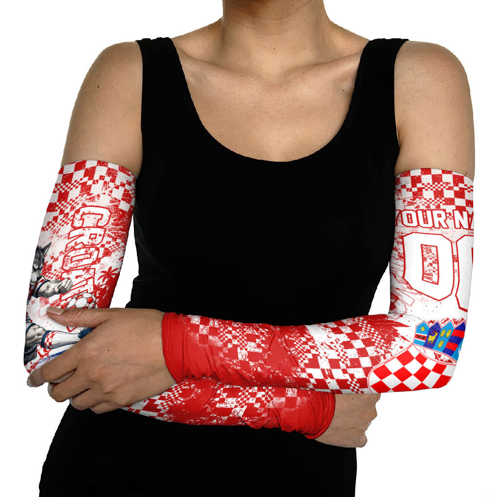 Personalized Croatia Football Wolf Mascot Arm Sleeves Checkerboard Soccer Pride - Splatter Textures