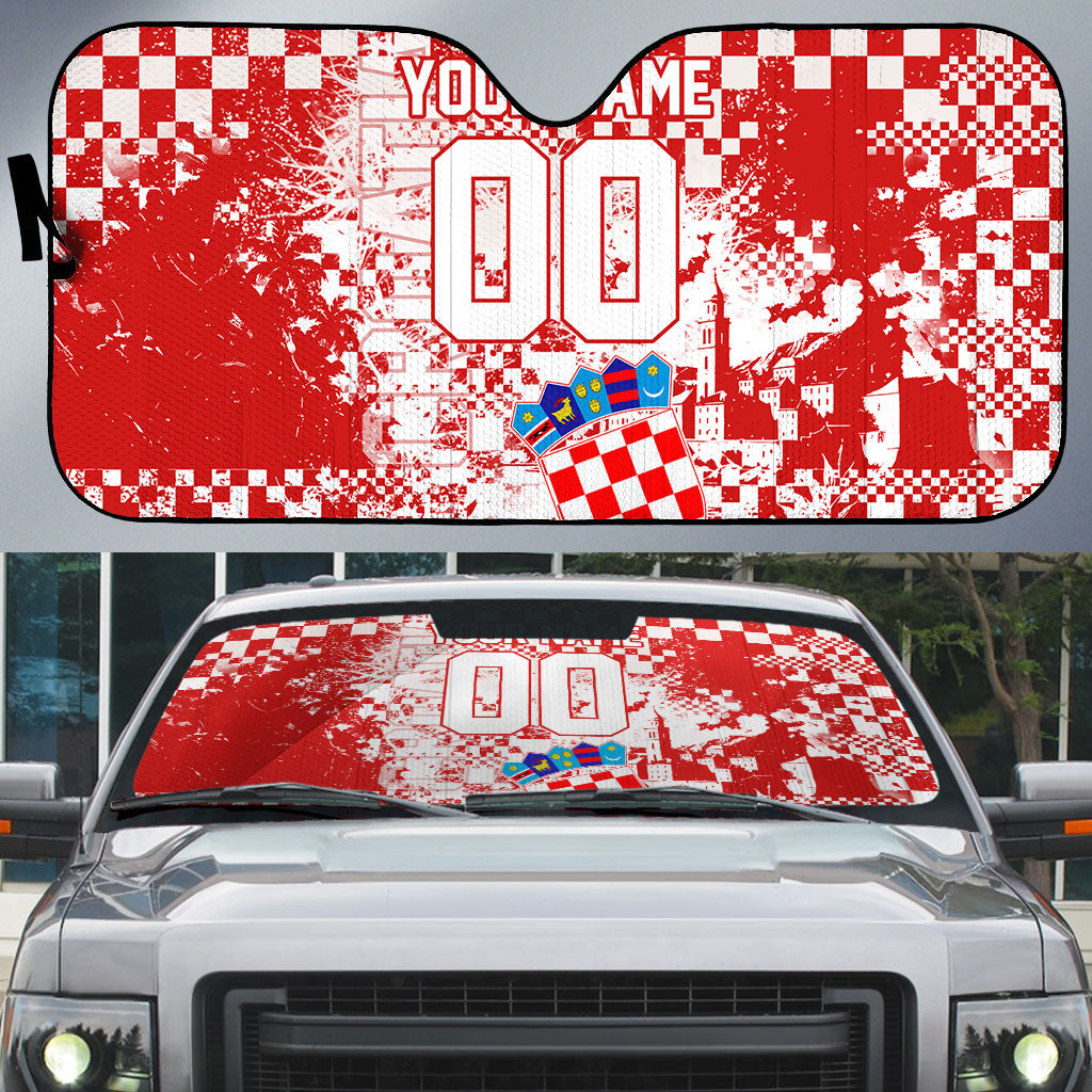 Personalized Croatia Football Wolf Mascot Auto Sun Shade Checkerboard Soccer Pride - Splatter Textures