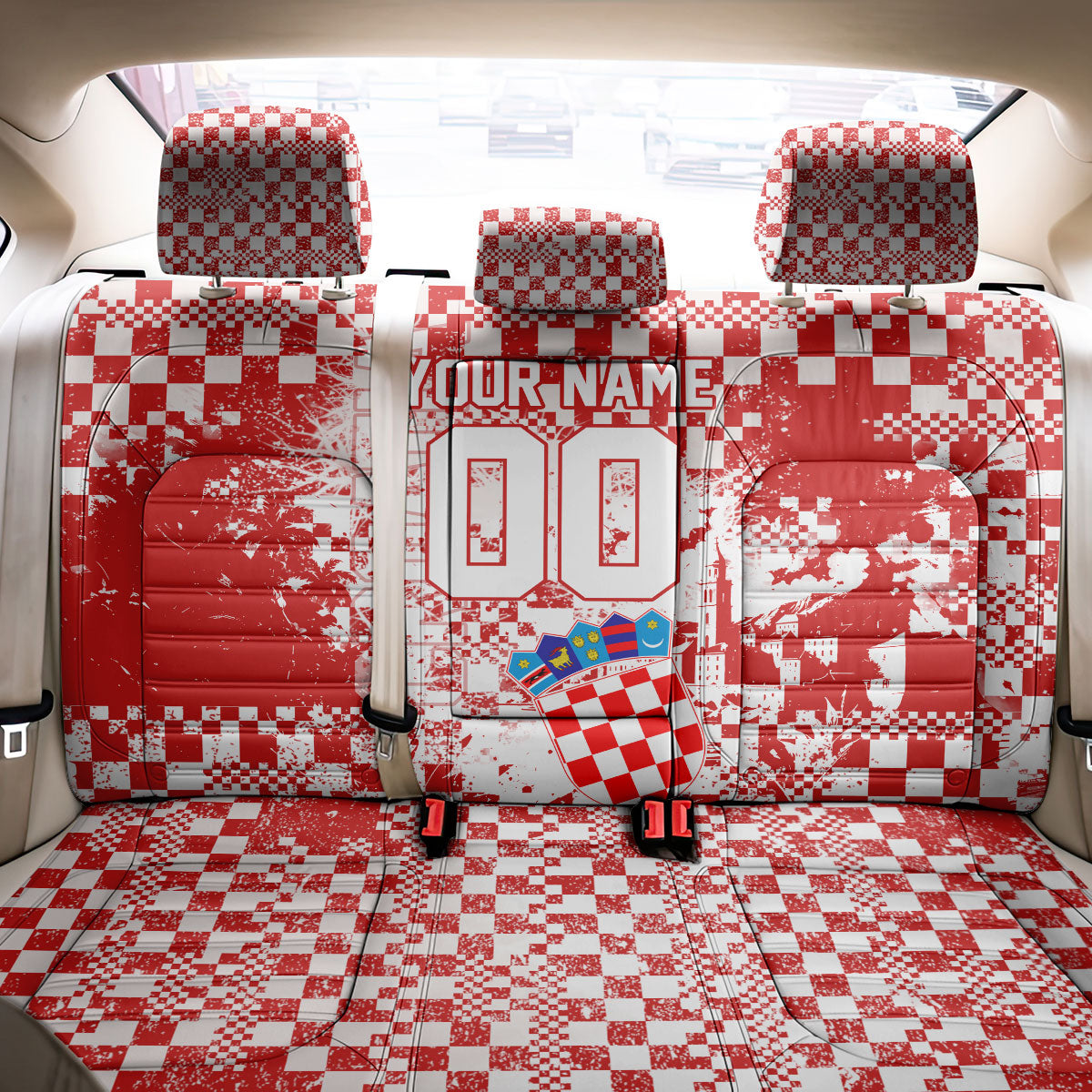 Personalized Croatia Football Wolf Mascot Back Car Seat Cover Checkerboard Soccer Pride - Splatter Textures