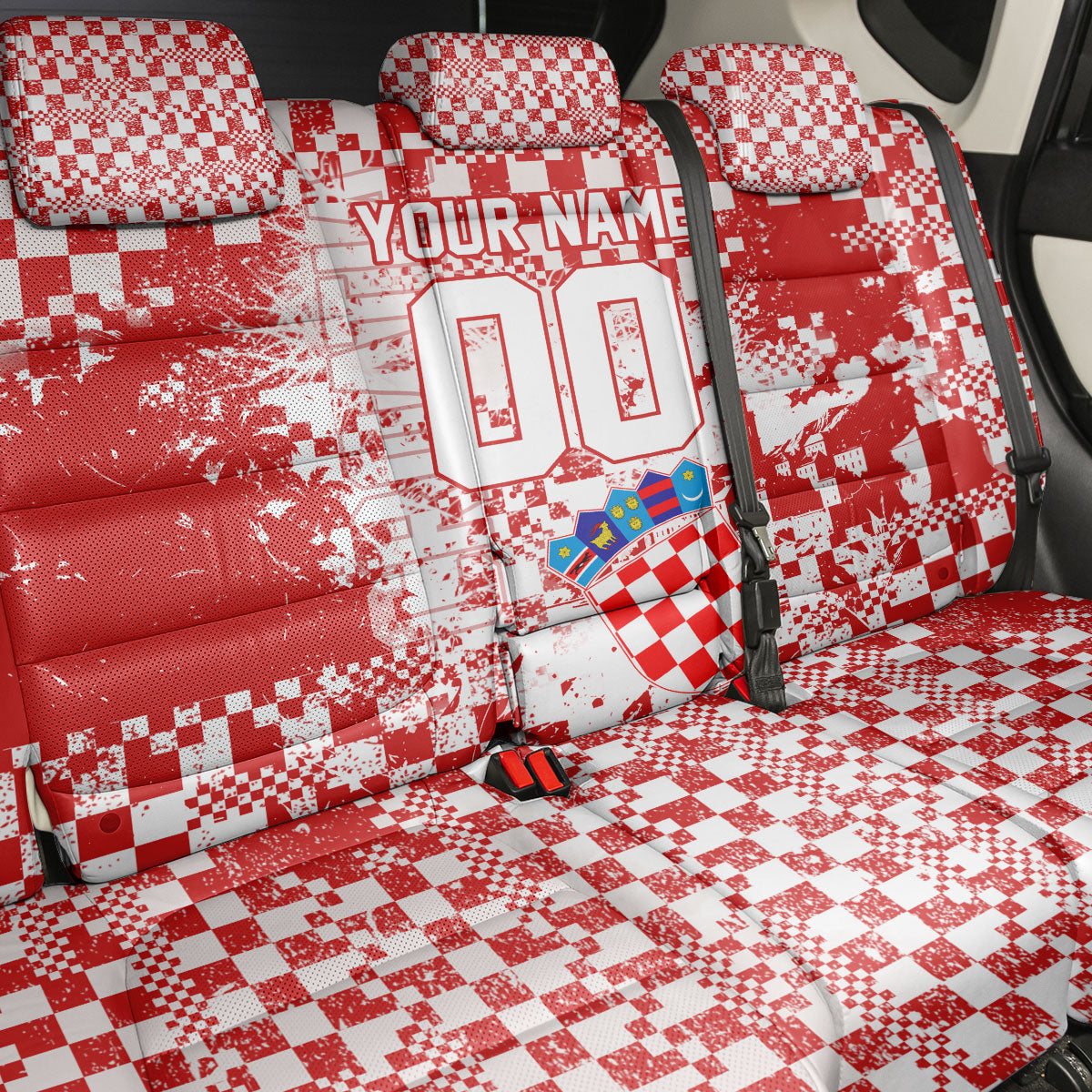 Personalized Croatia Football Wolf Mascot Back Car Seat Cover Checkerboard Soccer Pride - Splatter Textures