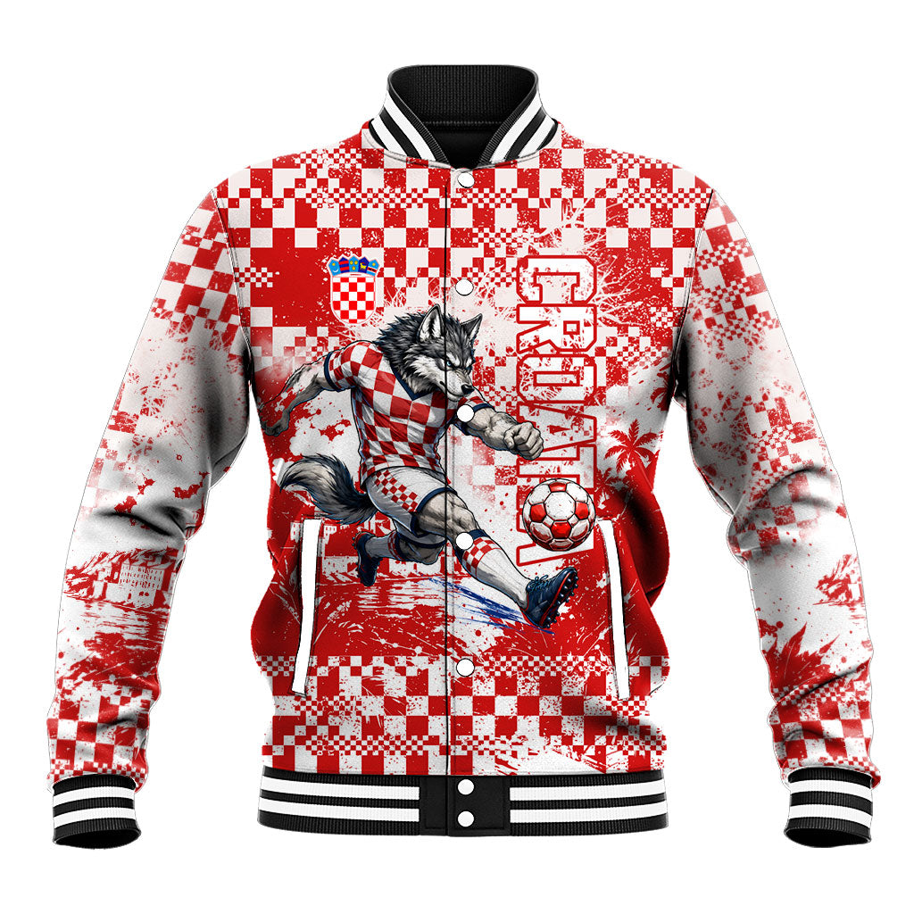 Personalized Croatia Football Wolf Mascot Baseball Jacket Checkerboard Soccer Pride - Splatter Textures