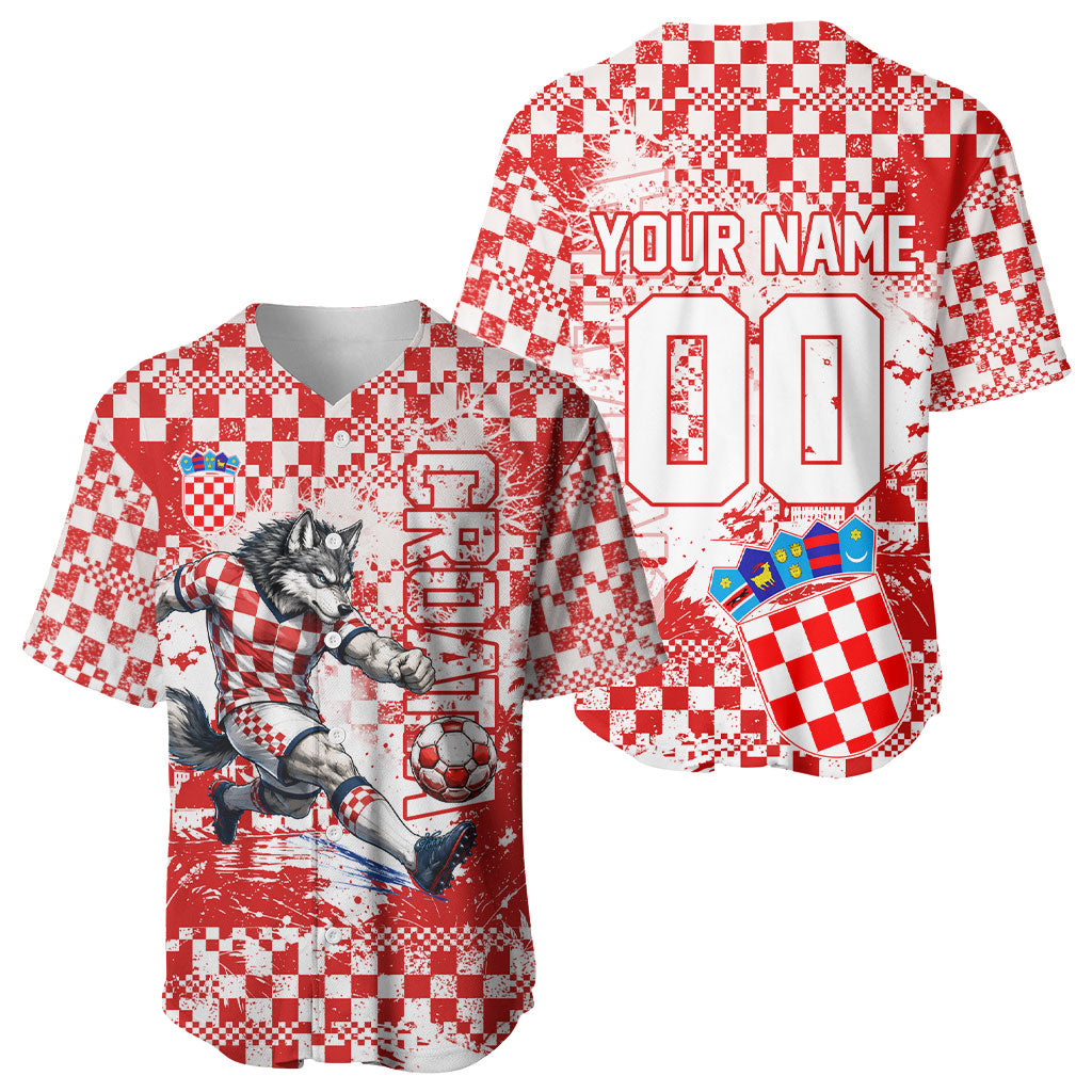 Personalized Croatia Football Wolf Mascot Baseball Jersey Checkerboard Soccer Pride - Splatter Textures
