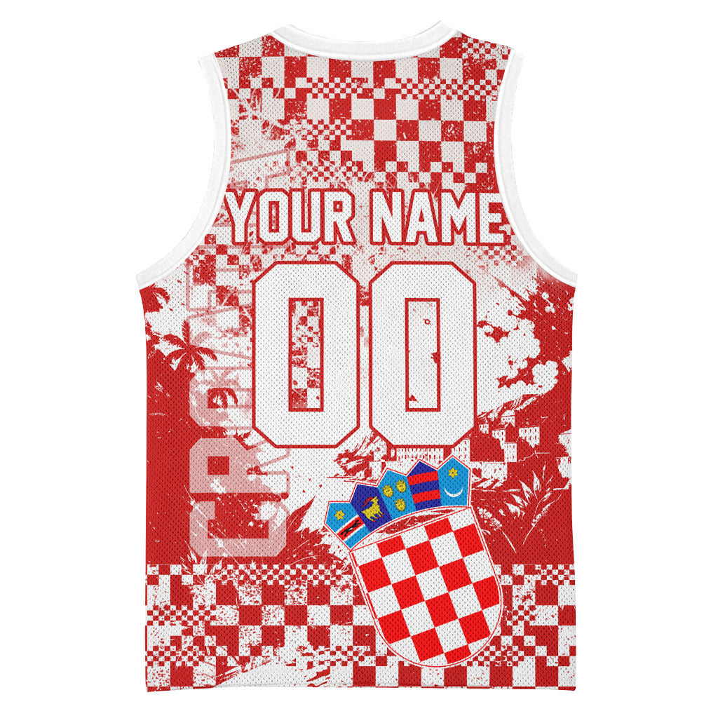 Personalized Croatia Football Wolf Mascot Basketball Jersey Checkerboard Soccer Pride - Splatter Textures