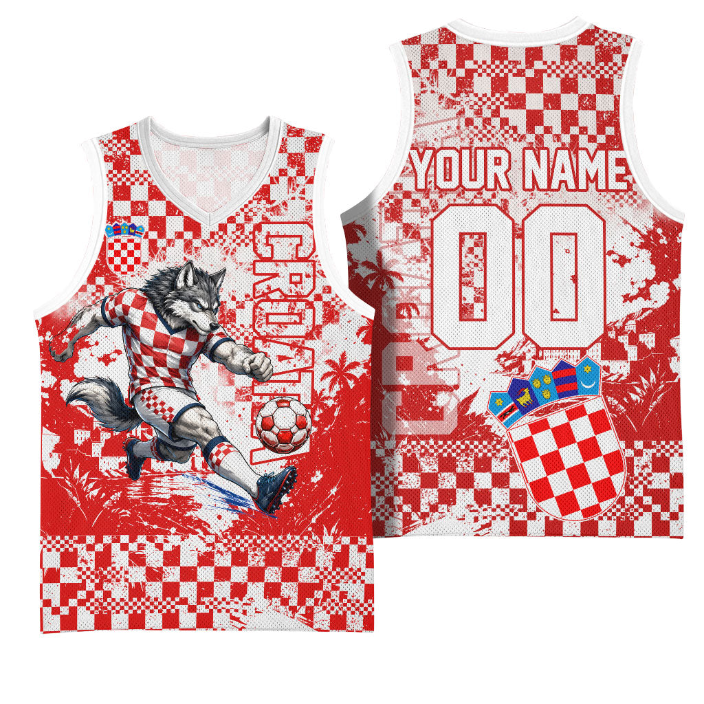 Personalized Croatia Football Wolf Mascot Basketball Jersey Checkerboard Soccer Pride - Splatter Textures