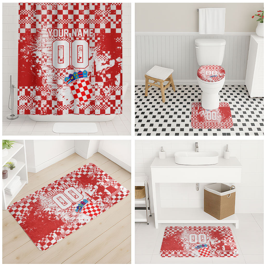 Personalized Croatia Football Wolf Mascot Bathroom Set Checkerboard Soccer Pride - Splatter Textures