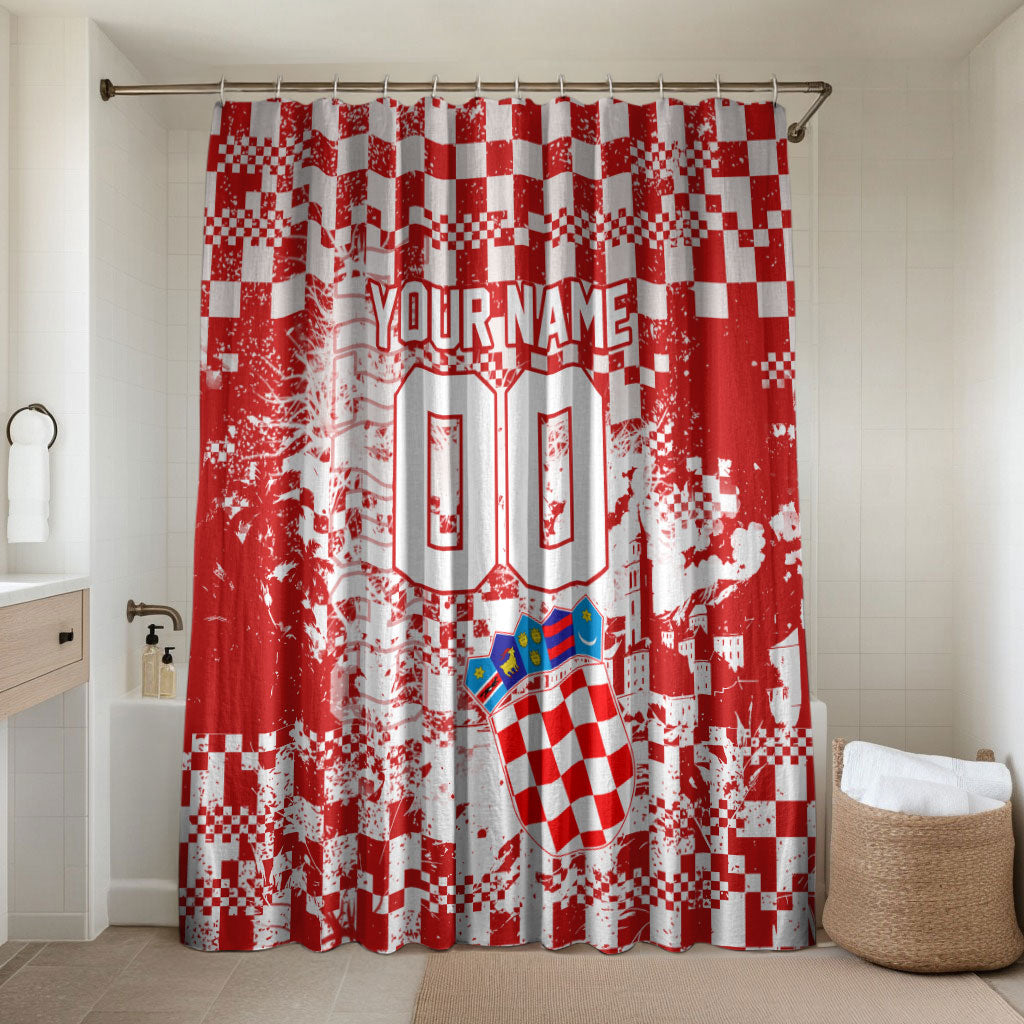 Personalized Croatia Football Wolf Mascot Bathroom Set Checkerboard Soccer Pride - Splatter Textures