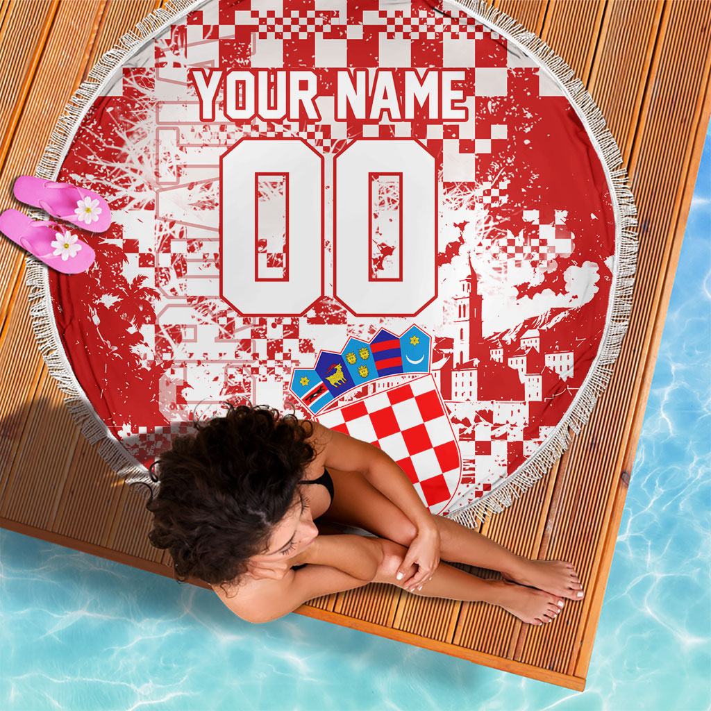 Personalized Croatia Football Wolf Mascot Beach Blanket Checkerboard Soccer Pride - Splatter Textures