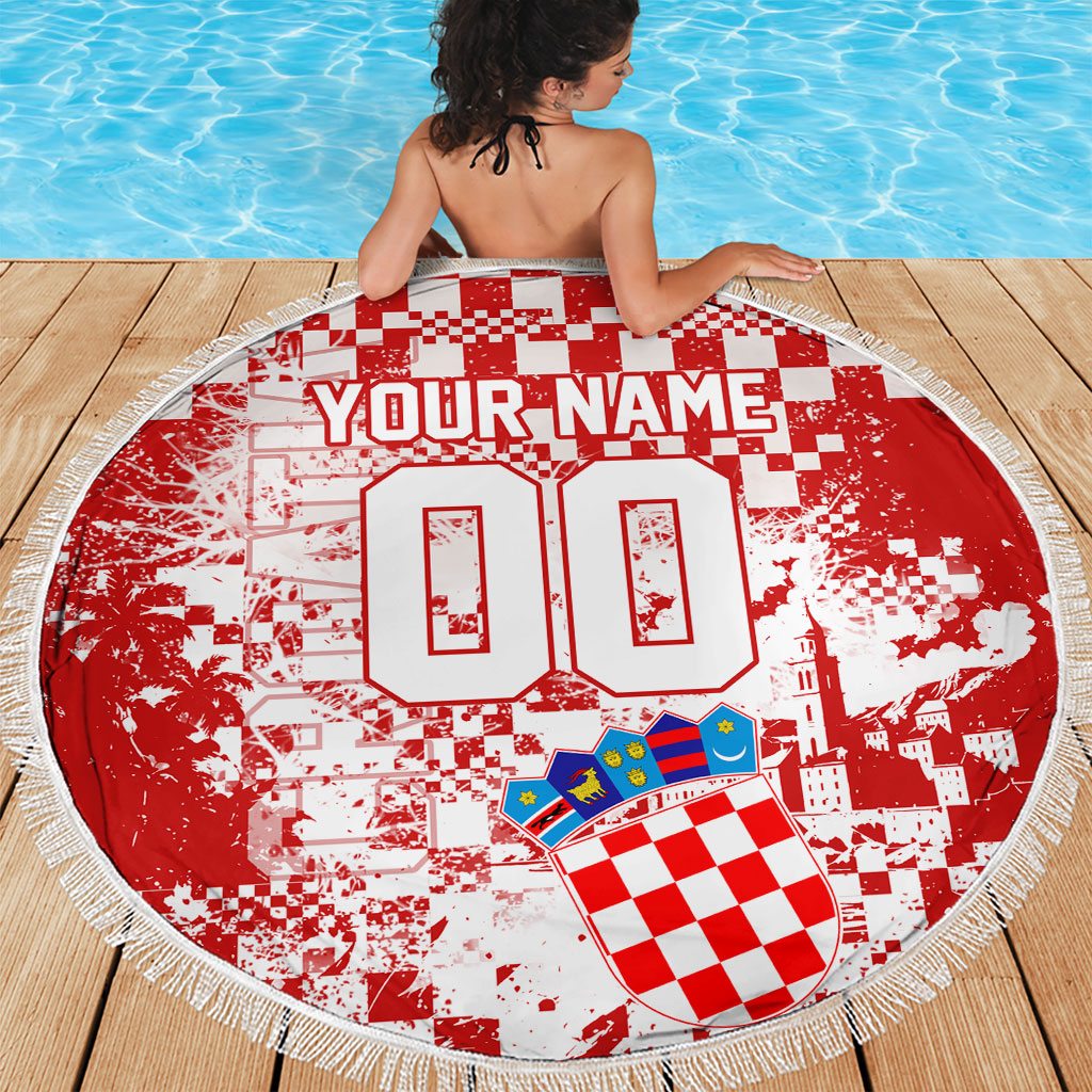 Personalized Croatia Football Wolf Mascot Beach Blanket Checkerboard Soccer Pride - Splatter Textures