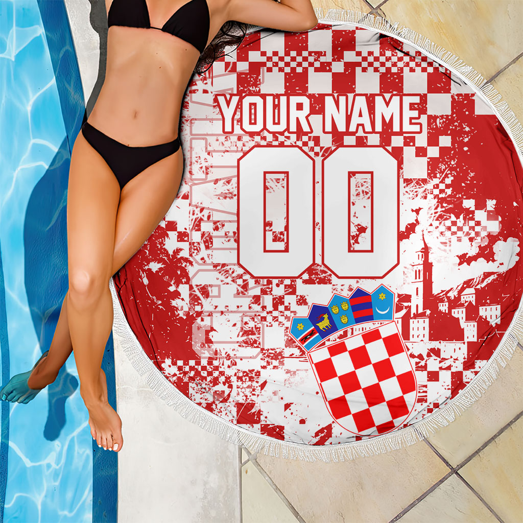 Personalized Croatia Football Wolf Mascot Beach Blanket Checkerboard Soccer Pride - Splatter Textures