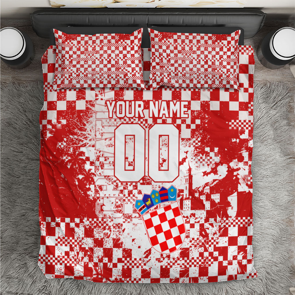 Personalized Croatia Football Wolf Mascot Bedding Set Checkerboard Soccer Pride - Splatter Textures