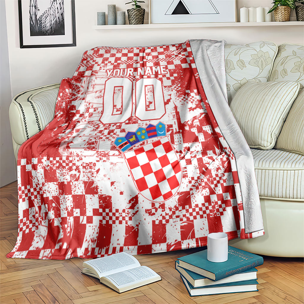 Personalized Croatia Football Wolf Mascot Blanket Checkerboard Soccer Pride - Splatter Textures