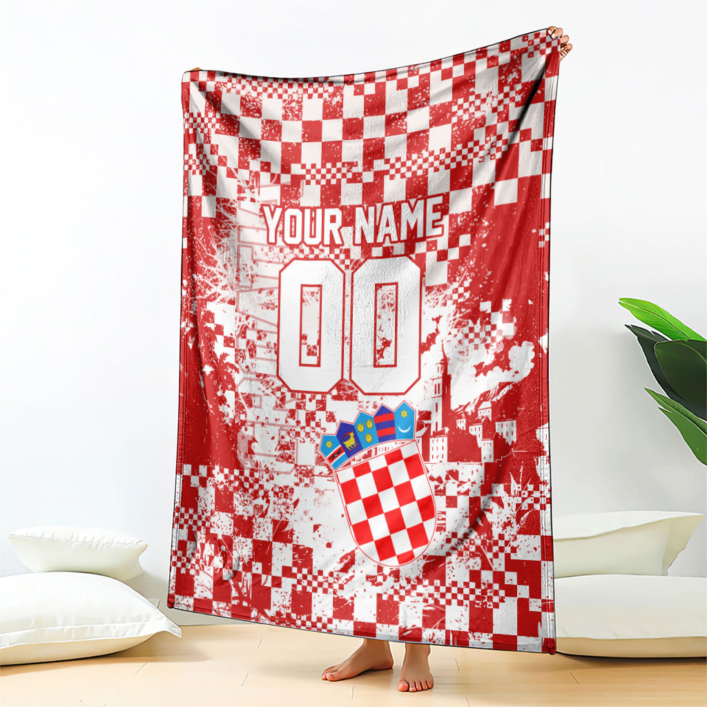 Personalized Croatia Football Wolf Mascot Blanket Checkerboard Soccer Pride - Splatter Textures