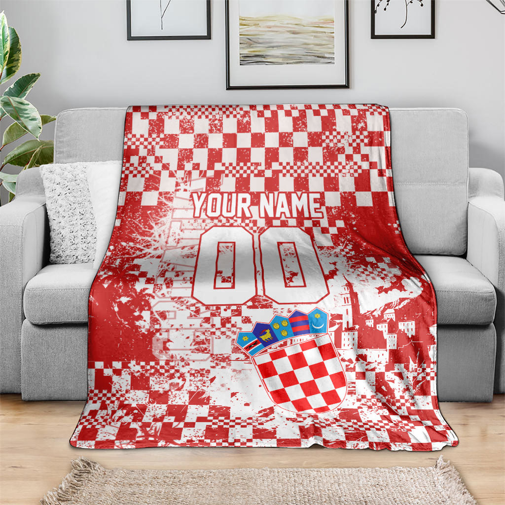 Personalized Croatia Football Wolf Mascot Blanket Checkerboard Soccer Pride - Splatter Textures