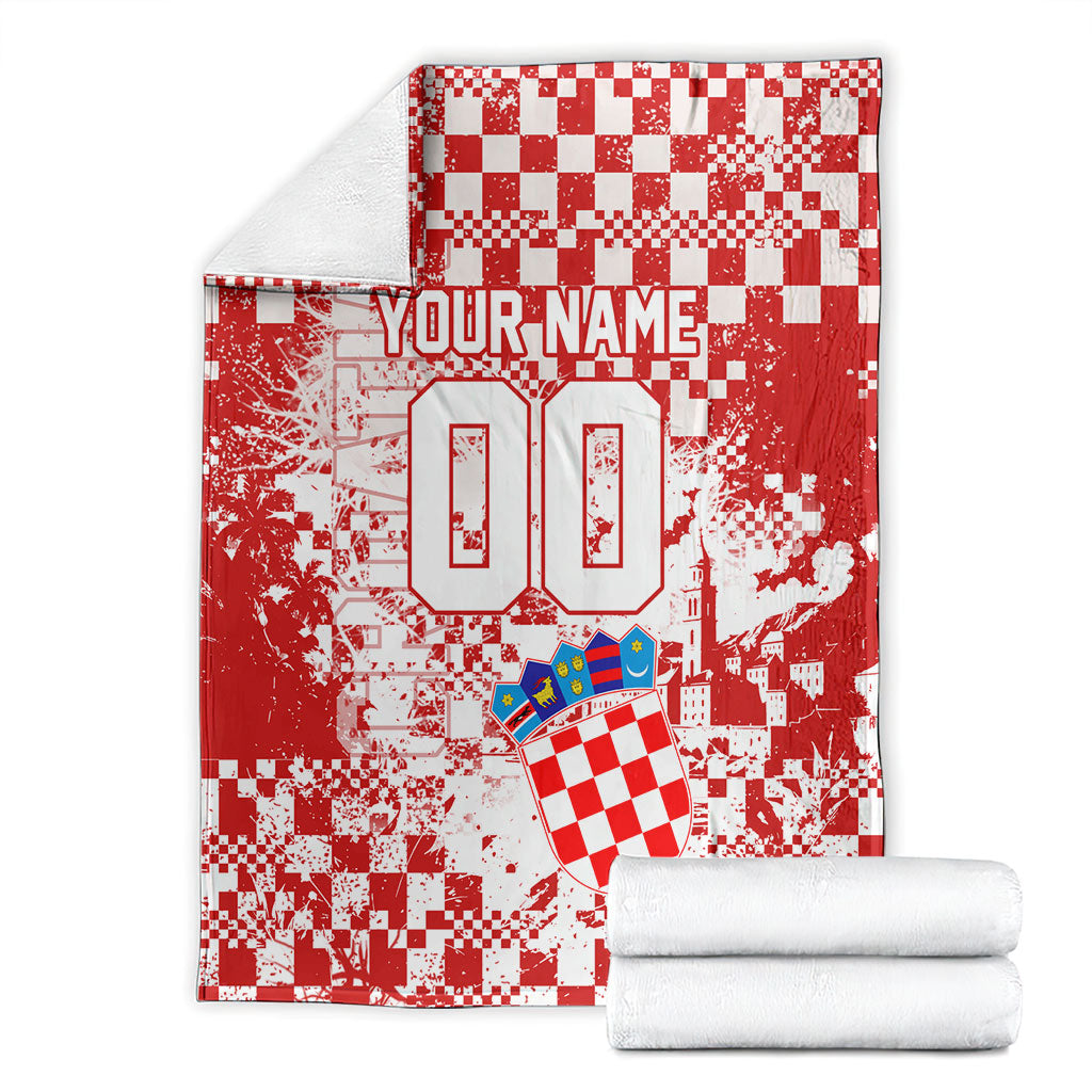 Personalized Croatia Football Wolf Mascot Blanket Checkerboard Soccer Pride - Splatter Textures