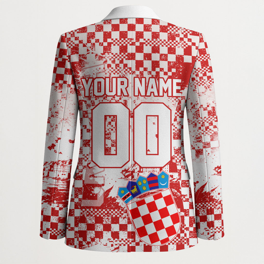 Personalized Croatia Football Wolf Mascot Blazer Checkerboard Soccer Pride - Splatter Textures