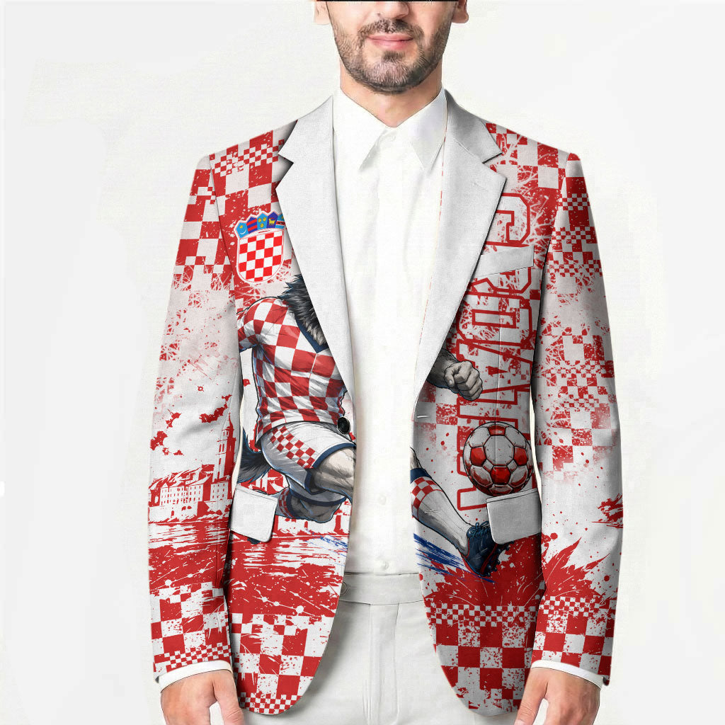 Personalized Croatia Football Wolf Mascot Blazer Checkerboard Soccer Pride - Splatter Textures