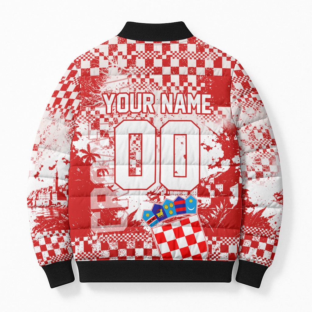 Personalized Croatia Football Wolf Mascot Bomber Puffer Jacket Checkerboard Soccer Pride - Splatter Textures