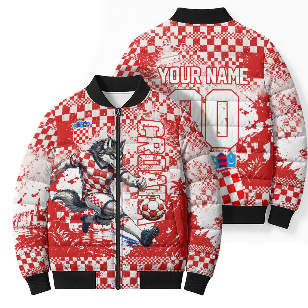 Personalized Croatia Football Wolf Mascot Bomber Puffer Jacket Checkerboard Soccer Pride - Splatter Textures