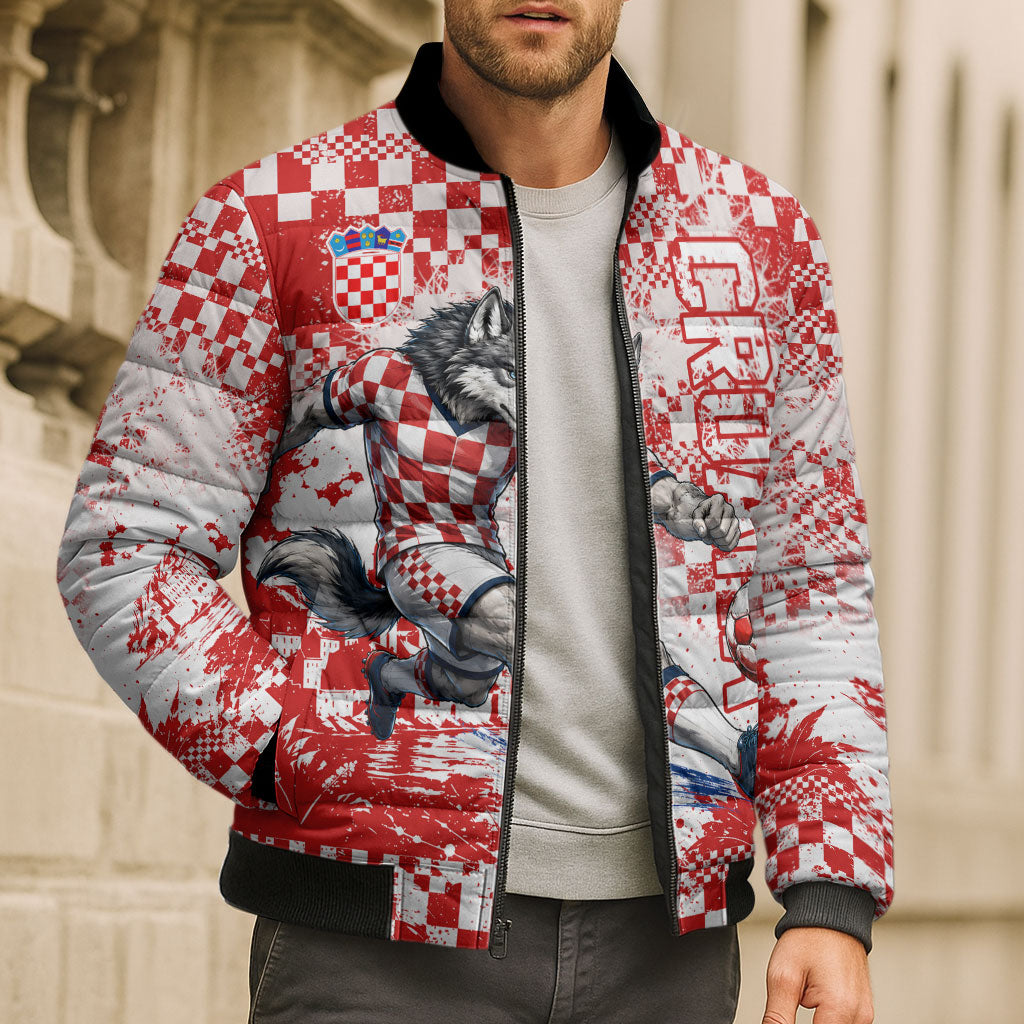 Personalized Croatia Football Wolf Mascot Bomber Puffer Jacket Checkerboard Soccer Pride - Splatter Textures