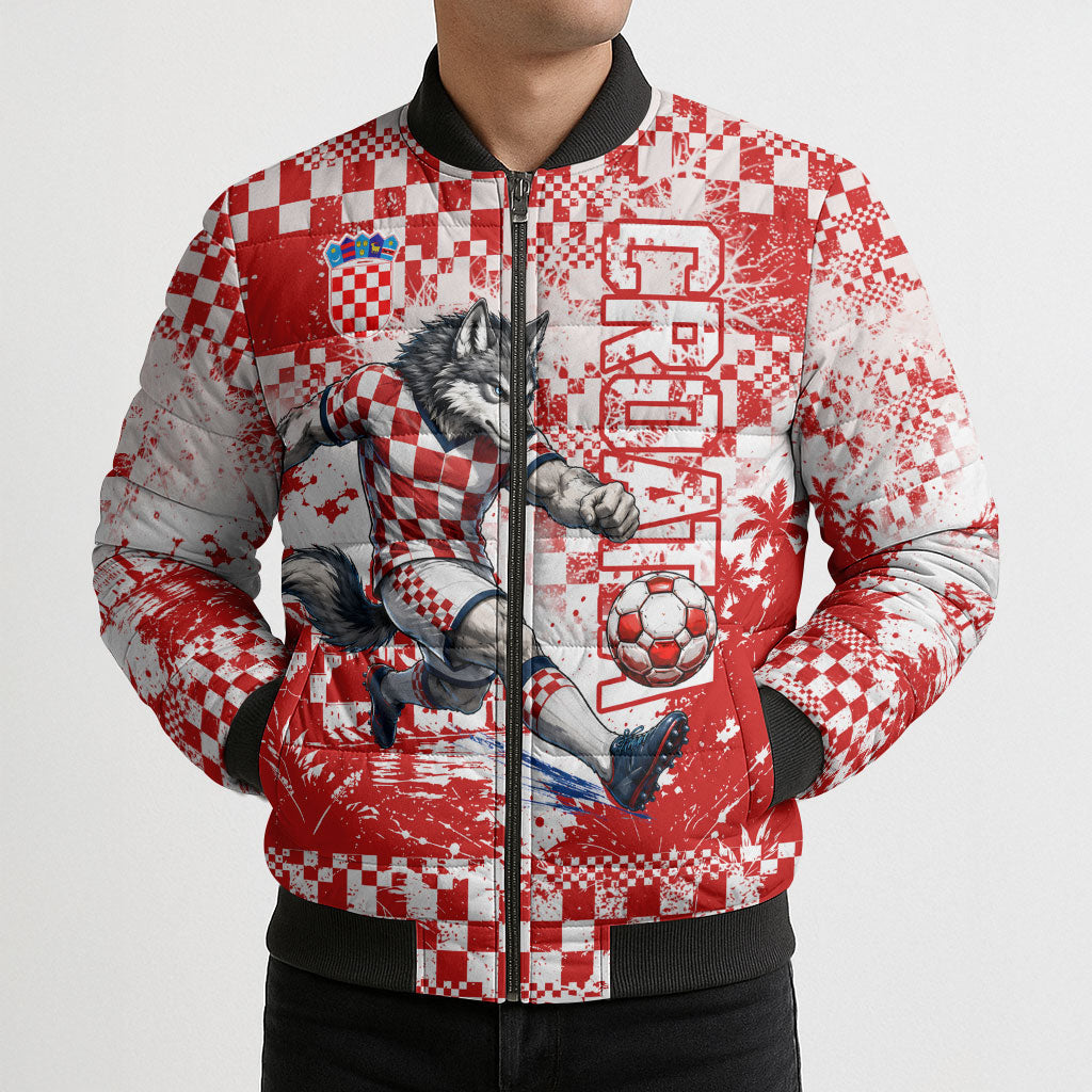 Personalized Croatia Football Wolf Mascot Bomber Puffer Jacket Checkerboard Soccer Pride - Splatter Textures