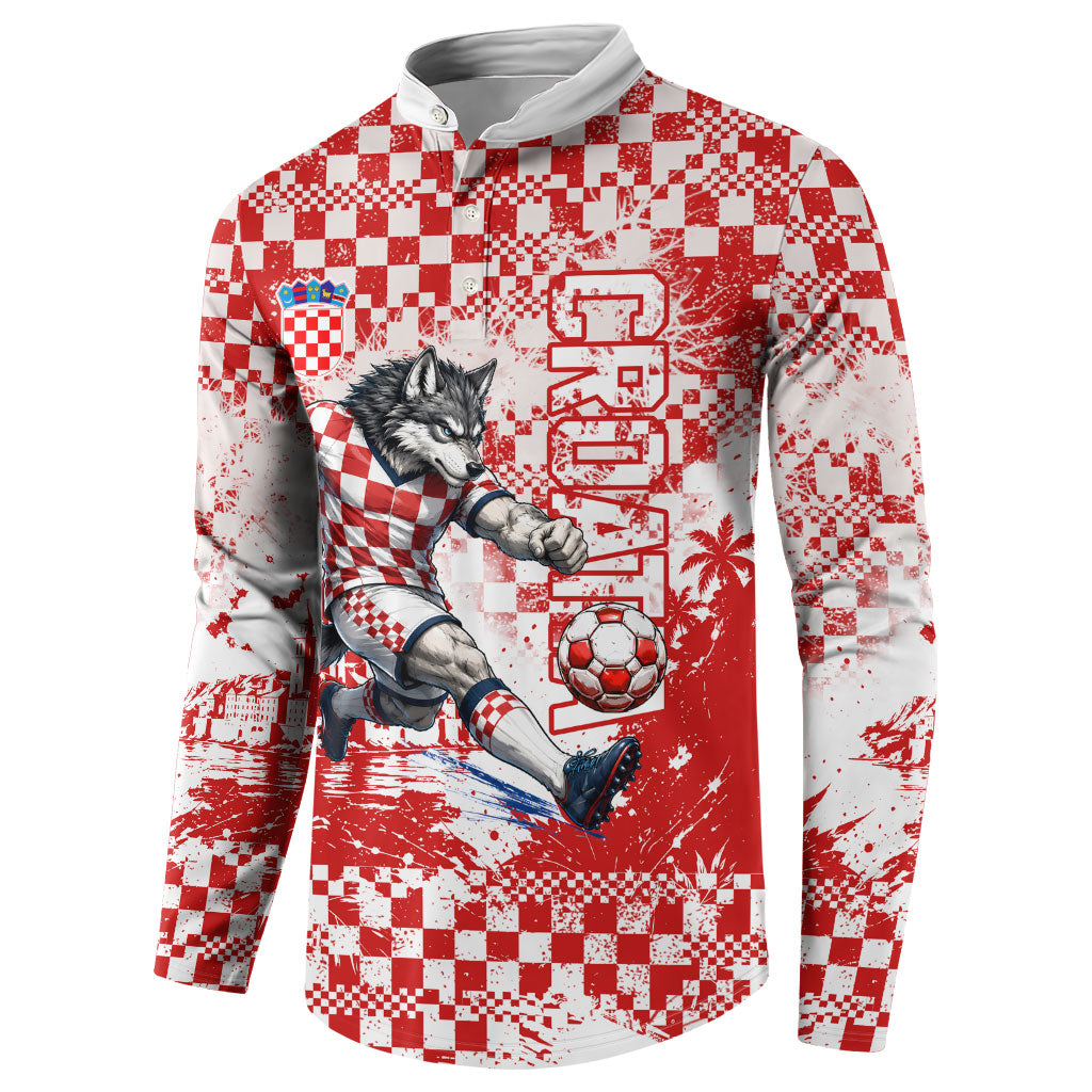 Personalized Croatia Football Wolf Mascot Button Sweatshirt Checkerboard Soccer Pride - Splatter Textures